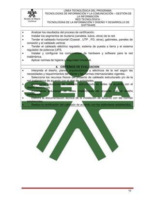 Modelo de Mejora
Continua

•
•
•
•
•
•
•
•
•
•
•
•

LÍNEA TECNOLÓGICA DEL PROGRAMA:
TECNOLOGÍAS DE INFORMACIÓN Y LA COMUNICACIÓN – GESTIÓN DE
LA INFORMACIÓN
RED TECNOLÓGICA :
TECNOLOGÍAS DE LA INFORMACIÓN Y DISEÑO Y DESARROLLO DE
SOFTWARE

Analizar los resultados del proceso de certificación.
Instalar los segmentos de ductería (canaleta, tubos, otros) de la red.
Tender el cableado horizontal (Coaxial , UTP , FO, otros), gabinetes, paneles de
conexión y el cableado vertical.
Tender el cableado eléctrico regulado, sistema de puesta a tierra y el sistema
regulador de potencia (UPS.
Instalar y configurar los componentes de hardware y software para la red
inalámbrica.
Aplicar normas de higiene y seguridad industrial.
4. CRITERIOS DE EVALUACION
Interpreta el diseño, planos arquitectónicos y eléctricos de la red según las
necesidades y requerimientos del cliente y las normas internacionales vigentes.
Selecciona los recursos físicos del proyecto de cableado estructurado y/o de la
red inalámbrica de acuerdo con el plan de actividades.
Implementa soluciones de cableado estructurado en redes de acuerdo con el
diseño establecido.
Implementa soluciones de redes Inalámbricas de acuerdo con el diseño
establecido.
Elabora la documentación técnica de la instalación de acuerdo con las normas
establecidas.
Realiza la certificación del cableado de acuerdo con los estándares establecidos.

10

 