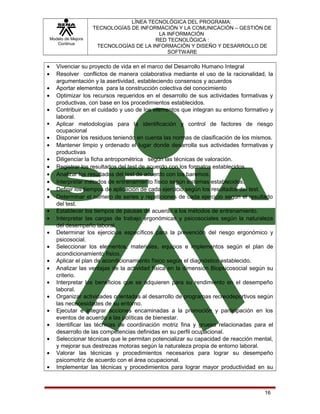 Modelo de Mejora
Continua

•
•
•
•
•

•
•
•
•
•
•
•
•
•
•
•
•
•
•
•
•
•
•
•
•
•

LÍNEA TECNOLÓGICA DEL PROGRAMA:
TECNOLOGÍAS DE INFORMACIÓN Y LA COMUNICACIÓN – GESTIÓN DE
LA INFORMACIÓN
RED TECNOLÓGICA :
TECNOLOGÍAS DE LA INFORMACIÓN Y DISEÑO Y DESARROLLO DE
SOFTWARE

Vivenciar su proyecto de vida en el marco del Desarrollo Humano Integral
Resolver conflictos de manera colaborativa mediante el uso de la racionalidad, la
argumentación y la asertividad, estableciendo consensos y acuerdos
Aportar elementos para la construcción colectiva del conocimiento
Optimizar los recursos requeridos en el desarrollo de sus actividades formativas y
productivas, con base en los procedimientos establecidos.
Contribuir en el cuidado y uso de los elementos que integran su entorno formativo y
laboral.
Aplicar metodologías para la identificación y control de factores de riesgo
ocupacional
Disponer los residuos teniendo en cuenta las normas de clasificación de los mismos.
Mantener limpio y ordenado el lugar donde desarrolla sus actividades formativas y
productivas
Diligenciar la ficha antropométrica según las técnicas de valoración.
Registrar los resultados del test de acuerdo con los formatos establecidos.
Analizar los resultados del test de acuerdo con los baremos.
Interpretar métodos de entrenamiento físico según sistemas establecidos.
Definir los tiempos de aplicación de cada ejercicio según los resultados del test.
Determinar el número de series y repeticiones de cada ejercicio según el resultado
del test.
Establecer los tiempos de pausas de acuerdo a los métodos de entrenamiento.
Interpretar las cargas de trabajo ergonómicas y psicosociales según la naturaleza
del desempeño laboral
Determinar los ejercicios específicos para la prevención del riesgo ergonómico y
psicosocial.
Seleccionar los elementos, materiales, equipos e implementos según el plan de
acondicionamiento físico.
Aplicar el plan de acondicionamiento físico según el diagnóstico establecido.
Analizar las ventajas de la actividad física en la dimensión Biopsicosocial según su
criterio.
Interpretar los beneficios que se adquieren para su rendimiento en el desempeño
laboral.
Organizar actividades orientadas al desarrollo de programas recreodeportivos según
las nececesidades de su entorno.
Ejecutar e integrar acciones encaminadas a la promoción y participación en los
eventos de acuerdo a las políticas de bienestar.
Identificar las técnicas de coordinación motriz fina y gruesa relacionadas para el
desarrollo de las competencias definidas en su perfil ocupacional.
Seleccionar técnicas que le permitan potencializar su capacidad de reacción mental,
y mejorar sus destrezas motoras según la naturaleza propia de entorno laboral.
Valorar las técnicas y procedimientos necesarios para lograr su desempeño
psicomotriz de acuerdo con el área ocupacional.
Implementar las técnicas y procedimientos para lograr mayor productividad en su

16

 