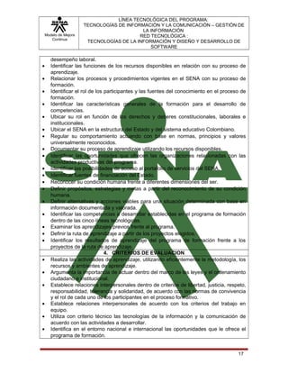 Modelo de Mejora
Continua

•
•
•
•
•
•
•
•
•
•
•
•
•
•
•
•
•
•
•
•
•
•
•
•

LÍNEA TECNOLÓGICA DEL PROGRAMA:
TECNOLOGÍAS DE INFORMACIÓN Y LA COMUNICACIÓN – GESTIÓN DE
LA INFORMACIÓN
RED TECNOLÓGICA :
TECNOLOGÍAS DE LA INFORMACIÓN Y DISEÑO Y DESARROLLO DE
SOFTWARE

desempeño laboral.
Identificar las funciones de los recursos disponibles en relación con su proceso de
aprendizaje.
Relacionar los procesos y procedimientos vigentes en el SENA con su proceso de
formación.
Identificar el rol de los participantes y las fuentes del conocimiento en el proceso de
formación.
Identificar las características generales de la formación para el desarrollo de
competencias.
Ubicar su rol en función de los derechos y deberes constitucionales, laborales e
institucionales.
Ubicar el SENA en la estructura del Estado y del sistema educativo Colombiano.
Regular su comportamiento actuando con base en normas, principios y valores
universalmente reconocidos.
Documentar su proceso de aprendizaje utilizando los recursos disponibles.
Identificar las oportunidades que ofrecen las organizaciones relacionadas con las
actividades productivas del programa.
Identificar las posibilidades de acceso al portafolio de servicios del SENA.
Identificar fuentes de financiación del Estado.
Reconocer su condición humana frente a diferentes dimensiones del ser.
Definir propósitos, estrategias y metas a partir del reconocimiento de su condición
humana.
Definir alternativas y acciones viables para una situación determinada con base en
información documentada y valorada.
Identificar las competencias a desarrollar establecidas en el programa de formación
dentro de las cinco líneas tecnológicas.
Examinar los aprendizajes previos frente al programa.
Definir la ruta de aprendizaje a partir de los proyectos elegidos.
Identificar los resultados de aprendizaje del programa de formación frente a los
proyectos de la ruta de aprendizaje.
4. CRITERIOS DE EVALUACION
Realiza las actividades de aprendizaje, utilizando eficientemente la metodología, los
recursos y ambientes de aprendizaje.
Argumenta la importancia de actuar dentro del marco de las leyes y el ordenamiento
ciudadano e institucional.
Establece relaciones interpersonales dentro de criterios de libertad, justicia, respeto,
responsabilidad, tolerancia y solidaridad, de acuerdo con las normas de convivencia
y el rol de cada uno de los participantes en el proceso formativo.
Establece relaciones interpersonales de acuerdo con los criterios del trabajo en
equipo.
Utiliza con criterio técnico las tecnologías de la información y la comunicación de
acuerdo con las actividades a desarrollar.
Identifica en el entorno nacional e internacional las oportunidades que le ofrece el
programa de formación.
17

 
