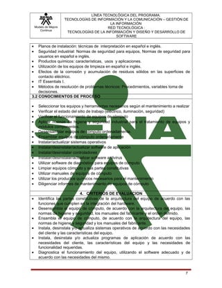 Modelo de Mejora
Continua

LÍNEA TECNOLÓGICA DEL PROGRAMA:
TECNOLOGÍAS DE INFORMACIÓN Y LA COMUNICACIÓN – GESTIÓN DE
LA INFORMACIÓN
RED TECNOLÓGICA :
TECNOLOGÍAS DE LA INFORMACIÓN Y DISEÑO Y DESARROLLO DE
SOFTWARE

•
•

Planos de instalación: técnicas de interpretación en español e inglés.
Seguridad industrial: Normas de seguridad para equipos, Normas de seguridad para
usuarios en español e inglés.
• Productos químicos: características, usos y aplicaciones.
• Utilización de los equipos de limpieza en español e inglés.
• Efectos de la corrosión y acumulación de residuos sólidos en las superficies de
contacto eléctrico.
• IT Essentials I.
• Métodos de resolución de problemas técnicos: Procedimientos, variables toma de
decisiones.
3.2 CONOCIMIENTOS DE PROCESO
•
•
•
•
•
•
•
•
•
•
•
•
•
•
•
•
•
•
•
•
•

Seleccionar los equipos y herramientas necesarios según el mantenimiento a realizar
Verificar el estado del sitio de trabajo (eléctrico, iluminación, seguridad)
Verificar el funcionamiento de equipos de cómputo
Aplicar normas de higiene y seguridad industrial para el tratamiento de equipos y
módulos componentes.
Desensamblar equipos de cómputo ordenadamente.
Ensamblar equipos de cómputo ordenadamente
Instalar/actualizar sistemas operativos
Instalar/desinstalar/actualizar software de aplicación
Instalar/desinstalar controladores
Instalar/desinstalar/actualizar software antivirus
Utilizar software de diagnóstico para equipos de cómputo
Limpiar equipos cómputo y sus partes constitutivas
Utilizar manuales de equipos de cómputo
Utilizar los productos químicos necesarios para el mantenimiento
Diligenciar informes de mantenimiento de equipos de cómputo
4. CRITERIOS DE EVALUACION
Identifica las partes constitutivas de la arquitectura del equipo de acuerdo con las
funciones que cumplen en la integración del hardware.
Desensambla el equipo de cómputo, de acuerdo con la arquitectura del equipo, las
normas de higiene y seguridad, los manuales del fabricante y el orden definido.
Ensambla el equipo de cómputo, de acuerdo con la arquitectura del equipo, las
normas de higiene y seguridad y los manuales del fabricante.
Instala, desinstala y/o actualiza sistemas operativos de acuerdo con las necesidades
del cliente y las características del equipo.
Instala, desinstala y/o actualiza programas de aplicación de acuerdo con las
necesidades del cliente, las características del equipo y las necesidades de
funcionalidad requeridas.
Diagnostica el funcionamiento del equipo, utilizando el software adecuado y de
acuerdo con las necesidades del mismo.

7

 