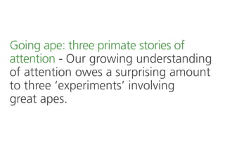 Opinion Leader
11
Share this
Going ape: three primate stories of
attention - Our growing understanding
of attention owes a surprising amount
to three ‘experiments’ involving
great apes.
 