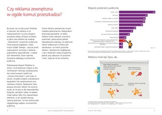 Czy reklama zewnętrzna
w ogóle komuś przeszkadza?

Bolączki przestrzeni publicznej
śmieci i brud

59

psie kupy

47

bazgroły, napisy na murach

44

zrujnowane, nieodremontowane budynki

43

nierówne chodniki

By skupić się na odczuciach Polaków
w stosunku do reklamy w ich
miejscowościach czy przy drogach,
wcześniej należy uchwycić kontekst,
w jakim owa reklama się znajduje.
„Zaśmiecenie” przestrzeni publicznej
może przecież wypływać z wielu
innych źródeł. Dlatego – jeszcze przed
rozpoczęciem rozmowy o reklamie –
poprosiliśmy respondentów o wybór
tych elementów, które najmniej
korzystnie wpływają na przestrzeń
publiczną.

Ocena reklamy zewnętrznej nie jest
zupełnie jednoznaczna. Respondenci
przyznają wprawdzie, że dobra
reklama może ciekawie urozmaicić
przestrzeń, jednocześnie jednak
zdecydowanie twierdzą, że większość
reklam widocznych w Polsce jest
nieciekawa i na niskim poziomie.
Słowem: teoretycznie mogłoby być
z tymi reklamami nawet przyjemnie,
jednak przy obecnym ich poziomie
i ilości, stają się nie do zniesienia.

brak zieleni

28

chaotyczna zabudowa

23

zbyt duża liczba samochodów

18

dzikie parkingi

12

reklamy na ulicy (billboardy, słupy ogłoszeniowe,
podświetlane tablice reklamowe, etc.)

9
9

zbyt kolorowe lub niepasujące do otoczenia elewacje
budynków

6

zamknięte osiedla / grodzenie przestrzeni

6

dane w %

Proszę spojrzeć na poniższą listę przykładowych zjawisk, które mogą niekorzystnie wpływać na wygląd otoczenia, zarówno w miastach, jaki na wsiach.
Które z nich postrzega Pan(i) jako największe problemy w Pana(i) okolicy? Proszę wskazać nie więcej niż trzy.

Reklama może być fajna, ale...
Dobra reklama zewnętrzna
(ładna, zabawna) może ciekawie
urozmaicić przestrzeń,
w której się znajduje

Podstawowe bolączki Polaków to
śmieci i brud (pierwsze miejsce w tym
niechlubnym rankingu zawdzięczamy
być może kampanii wokół tzw.
„ustawy śmieciowej”), psie kupy na
ulicach, brzydkie budynki (zamalowane
bazgrołami lub nieodnowione) oraz
nierówne chodniki. Relatywnie niska
pozycja ulicznych reklam nie oznacza
wcale, że nie jest to dla respondentów
bolączka; pamiętać należy, że badani
mogli wybrać tylko trzy najważniejsze
elementy, w ten sposób tworząc
ranking ważności, nie zaś ranking skali
negatywnego wpływu na przestrzeń
publiczną.
8

39

Tak:
73%

Nie:
18%

Większość reklam w Polsce
jest nieciekawa i na niskim poziomie

Tak:
68%

Dzięki reklamom ulice
miast i wsi są ładniejsze
Tak:
46%

Nie:
43%

Przydrożne reklamy rozpraszają
kierowców

Nie:
21%

Tak:
68%
Nie:
21%

Czy zgadza się Pan(i) lub nie zgadza z następującymi stwierdzeniami?
Na wykresie pominięto odsetki odpowiedzi „trudno powiedzieć” – dlatego wyniki nie sumują się do 100%.
Tak = „zdecydowanie tak „ + „raczej tak”; Nie = „zdecydowanie nie” + „raczej nie”.

www.tnsglobal.pl/207metrowraportu

© 2013 TNS Polska

9

 