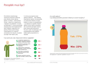 Porządek musi być!

W kontekście stwierdzonego
zaśmiecenia przestrzeni publicznej
przez reklamy, istotne staje się
pytanie, czy Polacy – naród wolność
ceniący – gotowi są na ograniczenia
i regulacje w tej dziedzinie. Tu wyniki
są zaskakujące! Ci, którzy pracują bądź
rozważają pracę nad przygotowaniem
takich regulacji, mogą poczuć się
pewniej: Polacy są komunikacją
marketingową w ich miejscach
zamieszkania tak zmęczeni, że gotowi
są przyjąć nowe reguły z góry.

I tu kończy się przyjemny świat
ogólnych deklaracji… Gdy zadaliśmy
respondentom pytanie, czy pozwoliliby
na umieszczenie reklamy na swoim
budynku w zamian za wynagrodzenie
– już większość się zgodziła. Słowem:
ogólnie ma być czyściej i porządniej,
ale za konkretne pieniądze możemy
przez miesiąc jakoś przetrzymać…
W sumie: wcale nie zaskakujące, choć
prawdopodobnie takie podejście
osłabia ogólne przyzwolenie na
regulacje.

A co jeśli zapłacą?
Czy wtedy pozwolimy powiesić reklamę na swoim budynku?

Tak: 77%

Czy ważne jest, aby miejscowość dobrze wyglądała?
w niektórych miejscach (np.
zabytki) należałoby całkowicie
zakazać umieszczania reklam

82%

12%

potrzebne są regulacje, które
zapewnią większy ład w
krajobrazie

78%

11%

miasto powinno zatwierdzać
lokalizację i rozmiar wszystkich
reklam zewnętrznych

77%

13%

ilość reklam w przestrzeni
publicznej powinna zostać
ograniczona

72%

17%

reklama zewnętrzna powinna
zostać usunięta z centrów miast

56%

Czy zgadza się Pan(i) lub nie zgadza z następującymi stwierdzeniami?
Tak = „zdecydowanie tak „ + „raczej tak”; Nie = „zdecydowanie nie” + „raczej nie”.
„Trudno powiedzieć” – pozostałe odpowiedzi.

10

Nie: 23%
Proszę sobie wyobrazić, że producent wody mineralnej proponuje Panu(i) umieszczenie na okres jednego miesiąca reklamy na ścianie Pana(i) domu / bloku. Wynagrodzenie będzie równe Pana(i) miesięcznej pensji. Czy zgodził(a)by się Pan(i) na umieszczenie reklamy?
Tak = „zdecydowanie tak „ + „raczej tak”; Nie = „zdecydowanie nie” + „raczej nie”.

Tak

27%

Nie

www.tnsglobal.pl/207metrowraportu

© 2013 TNS Polska

11

 