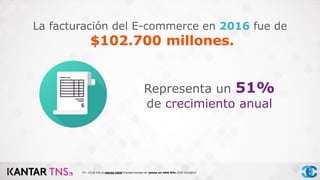 La facturación del E-commerce en 2016 fue de
$102.700 millones.
Representa un 51%
de crecimiento anual
P1- ¿Cuál fue el monto total transaccionado en pesos en este Año (IVA incluido)?
 