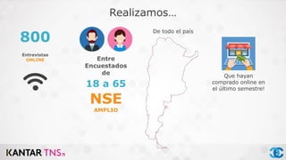 800
Entrevistas
ONLINE Entre
Encuestados
de
NSE
AMPLIO
18 a 65
Realizamos…
De todo el país
Que hayan
comprado online en
el último semestre!
 