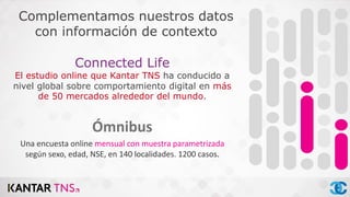 Complementamos nuestros datos
con información de contexto
Connected Life
El estudio online que Kantar TNS ha conducido a
nivel global sobre comportamiento digital en más
de 50 mercados alrededor del mundo.
Ómnibus
Una encuesta online mensual con muestra parametrizada
según sexo, edad, NSE, en 140 localidades. 1200 casos.
 
