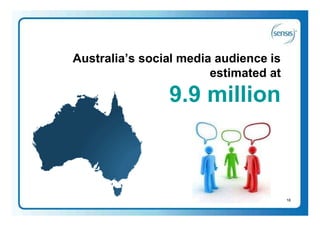 Australia’s social media audience is
                        estimated at

                9.9 million



                                       18
 