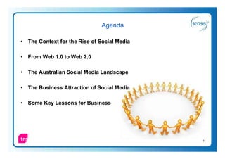 Agenda

• The Context for the Rise of Social Media

• From Web 1.0 to Web 2.0

• The Australian Social Media Landscape

• The Business Attraction of Social Media

• Some Key Lessons for Business




                                             1
 