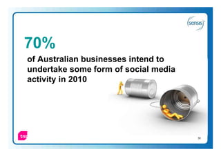 70%
of Australian businesses intend to
undertake some form of social media
activity in 2010




                                      30
 