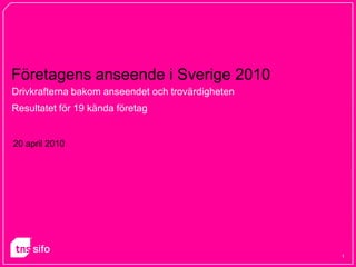 Företagens anseende i Sverige 2010
Drivkrafterna bakom anseendet och trovärdigheten
Resultatet för 19 kända företag


20 april 2010




                                                   1
 