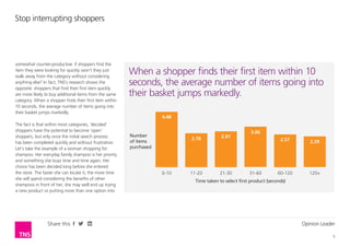 Stop interrupting shoppers




somewhat counter-productive: if shoppers find the
item they were looking for quickly won’t they just
walk away from the category without considering
                                                         When a shopper finds their first item within 10
anything else? In fact, TNS’s research shows the
opposite: shoppers that find their first item quickly
                                                         seconds, the average number of items going into
are more likely to buy additional items from the same    their basket jumps markedly.
category. When a shopper finds their first item within
10 seconds, the average number of items going into
their basket jumps markedly.
                                                                     4.48
The fact is that within most categories, ‘decided’
shoppers have the potential to become ‘open’                                                             3.06
shoppers, but only once the initial search process       Number                           2.91
                                                                            2.78                                       2.57
has been completed quickly and without frustration.      of items                                                                 2.29
Let’s take the example of a woman shopping for           purchased
shampoo. Her everyday family shampoo is her priority
and something she buys time and time again. Her
choice has been decided long before she entered
the store. The faster she can locate it, the more time               0-10   11-20        21-30          31-60         60-120      120+
she will spend considering the benefits of other
                                                                              Time taken to select first product (seconds)
shampoos in front of her; she may well end up trying
a new product or putting more than one option into




                 Share this                                                                                                    Opinion Leader

                                                                                                                                            5
 