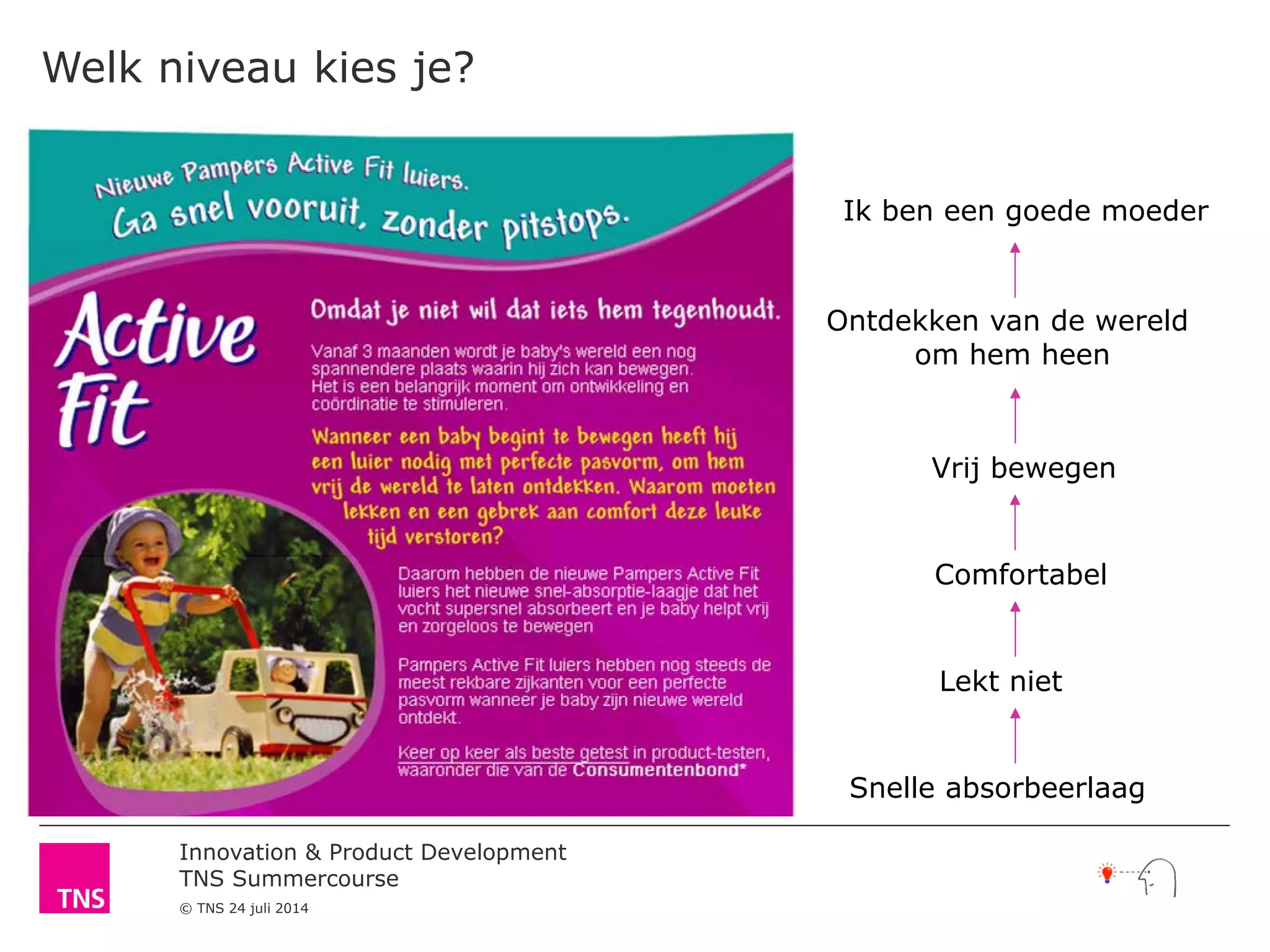Innovation & Product Development
TNS Summercourse
© TNS 24 juli 2014
Welk niveau kies je?
Snelle absorbeerlaag
Lekt niet
Comfortabel
Vrij bewegen
Ontdekken van de wereld
om hem heen
Ik ben een goede moeder
 