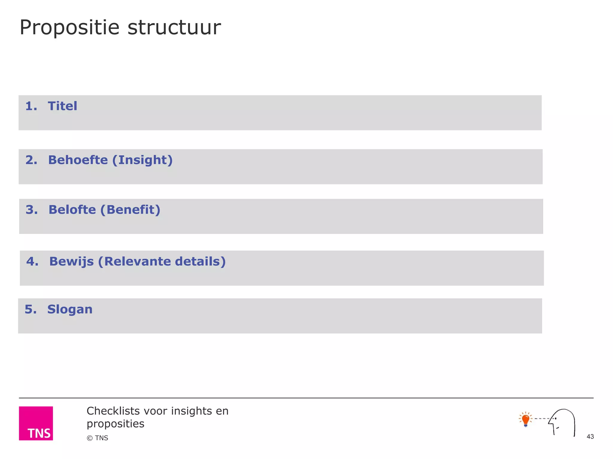Checklists voor insights en
proposities
© TNS
Propositie structuur
1. Titel
2. Behoefte (Insight)
3. Belofte (Benefit)
4. Bewijs (Relevante details)
5. Slogan
43
 