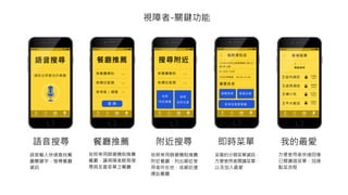 視障者-關鍵功能
附近搜尋
依照常用篩選機制推薦
附近餐廳，列出鄰近使
用者所在地，或鄰近捷
運站餐廳
語音搜尋
語音輸入快速查找餐
廳關鍵字，搜尋餐廳
資訊
餐廳推薦
依照常用篩選機制推薦
餐廳，讓視障者輕易搜
尋具友善菜單之餐廳
我的最愛
方便使用者快速回憶
已閱讀過菜單，加速
點菜流程
即時菜單
妥善的分類菜單資訊，
方便使用者閱讀菜單，
以及加入最愛
 