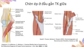 Chèn ép ở đầu gần TK giữa
Löppönen, P.; Hulkkonen, S.; Ryhänen, J. Proximal Median Nerve Compression in
the Differential Diagnosis of Carpal Tunnel Syndrome. J. Clin. Med. 2022, 11, 3988
David C. Preston, Barbara E. Shapiro (2021). Electromyography and
Neuromuscular Disorders, Elsevier, p. 358
 