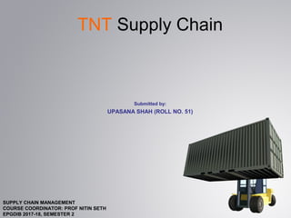 TNT Supply Chain
Submitted by:
UPASANA SHAH (ROLL NO. 51)
SUPPLY CHAIN MANAGEMENT
COURSE COORDINATOR: PROF NITIN SETH
EPGDIB 2017-18, SEMESTER 2
 