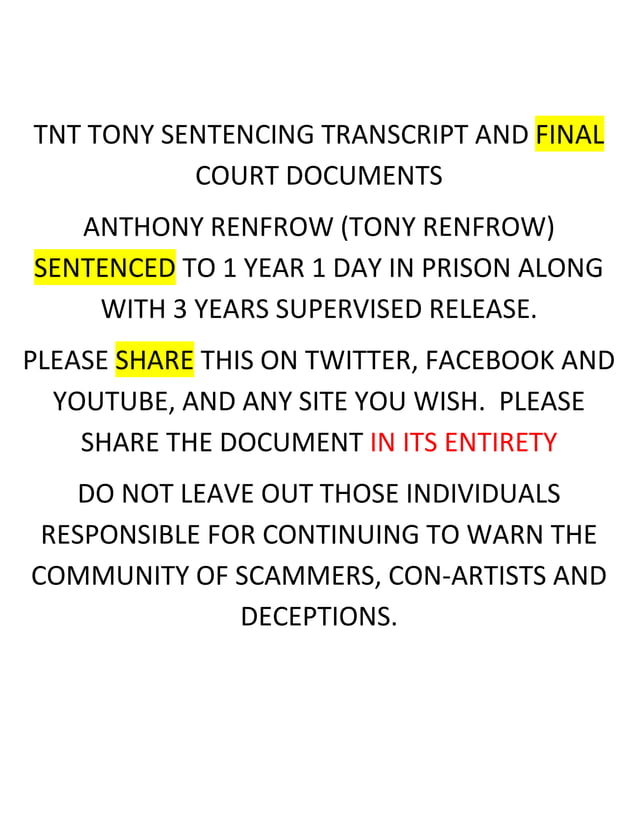 TNT Tony Iraqi Dinar Guru Scam Court Sentencing Transcript PDF