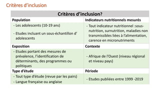 Etat de la recherche sur la nutrition des adolescents en Afrique de l'ouest