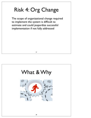 Risk 4: Org Change
The scope of organizational change required
to implement the system is difﬁcult to
estimate and could jeopardize successful
implementation if not fully addressed

27

What & Why

28

 