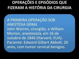 História da Cirúrgia
Século XIX
•Os cirurgiões operavam
usando suas togas sujas e
contaminadas com placas
de pus e restos de cadáver.
 