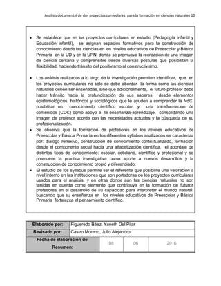 Análisis documental de dos proyectos curriculares para la formación en ciencias naturales 10
Se establece que en los proyectos curriculares en estudio (Pedagogía Infantil y
Educación infantil), se asignan espacios formativos para la construcción de
conocimiento desde las ciencias en los niveles educativos de Preescolar y Básica
Primaria en la UD y en la UPN, donde se promueve la recreación de una imagen
de ciencia cercana y comprensible desde diversas posturas que posibilitan la
flexibilidad, haciendo tránsito del positivismo al constructivismo.
Los análisis realizados a lo largo de la investigación permiten identificar, que en
los proyectos curriculares no solo se debe abordar la forma como las ciencias
naturales deben ser enseñadas, sino que adicionalmente, el futuro profesor debe
hacer tránsito hacia la profundización de sus saberes desde elementos
epistemológicos, históricos y sociológicos que le ayuden a comprender la NdC,
posibilitar un conocimiento científico escolar, y una transformación de
contenidos (CDC) como apoyo a la enseñanza-aprendizaje, consolidando una
imagen de profesor acorde con las necesidades actuales y la búsqueda de su
profesionalización.
Se observa que la formación de profesores en los niveles educativos de
Preescolar y Básica Primaria en los diferentes syllabus analizados se caracteriza
por: dialogo reflexivo, construcción de conocimiento contextualizado, formación
desde el componente social hacia una alfabetización científica, el abordaje de
distintos tipos de conocimiento: escolar, cotidiano, científico y profesional y se
promueve la practica investigativa como aporte a nuevos desarrollos y la
construcción de conocimiento propio y diferenciado.
El estudio de los syllabus permite ser el referente que posibilite una valoración a
nivel interno en las instituciones que son portadoras de los proyectos curriculares
usados para el análisis, y en otras donde aún las ciencias naturales no son
tenidas en cuenta como elemento que contribuye en la formación de futuros
profesores en el desarrollo de su capacidad para interpretar el mundo natural,
buscando que su enseñanza en los niveles educativos de Preescolar y Básica
Primaria fortalezca el pensamiento científico.
Elaborado por: Figueredo Báez, Yaneth Del Pilar
Revisado por: Castro Moreno, Julio Alejandro
Fecha de elaboración del
Resumen:
08 06 2016
 
