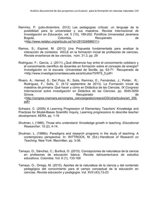 Análisis documental de dos proyectos curriculares para la formación en ciencias naturales 114
Ramírez, P. (julio-diciembre, 2012) Las pedagogías críticas: un lenguaje de la
posibilidad para la universidad y sus maestros. Revista Internacional de
Investigación en Educación, vol. 5 (10), 189-202. Pontificia Universidad Javeriana
Bogotá, Colombia. Recuperado de
<http://www.redalyc.org/articulo.oa?id=281024896011>
Ramos, S.; Espinet, M. (2013) Una Propuesta fundamentada para analizar la
interacción de contextos AICLE en la formación inicial de profesores de ciencias.
Revista enseñanza de las ciencias, núm. 31.3, pp. 29
Rodríguez, F.; García, J. (2011) ¿Qué diferencia hay entre el conocimiento cotidiano y
el conocimiento científico de docentes en formación sobre el concepto de energía?
Investigación en la escuela. Universidad de Sevilla. pp. 63-71 Recuperado de
<http://www.investigacionenlaescuela.es/articulos/75/R75_5.pdf>
Rivero, A.; Hamed, S.; Del Pozo, R.; Solís, Ramírez, E.; Fernández, J.; Porlán, R.;
Rodríguez, F.; Solís, C. (9-12 septiembre de 2013). La Formación inicial de
maestros de primaria: Qué hacer y cómo en Didáctica de las Ciencias. IX Congreso
Internacional sobre investigación en Didáctica de las Ciencias. pp. 3045-3050
Girona. Recuperado de
<http://congres.manners.es/congres_ciencia/gestio/creacioCD/cd/articulos/art_359.
pdf>
Schwarz, C. (2009) A Learning Progression of Elementary Teachers’ Knowledge and
Practices for Model-Bases Scientific Inquiry, Learning progressions to describe teacher
development, AERA, pp. 1-16
Shulman, L (1986). Those who understand: Knowledge growth in teaching. Educational
Researcher. 15 (2), 4-14.
Shulman, L. (1986b). Paradigms and research programs in the study of teaching: A
contemporary perspective. In: WITTROCK, M. (Ed.) Handbook of Research on
Teaching. New York: Macmillan. pp. 3-36.
Tamayo, O.; Sánchez, C.; Buriticá, O. (2010). Concepciones de naturaleza de la ciencia
en profesores de educación básica. Revista latinoamericana de estudios
educativos. Colombia. Vol. 6 (1), 133-169
Tamayo, O.; Orrego, M. (2010). Aportes de la naturaleza de la ciencia y del contenido
pedagógico del conocimiento para el campo conceptual de la educación en
ciencias. Revista educación y pedagogía. Vol. XVII (43),13-23
 