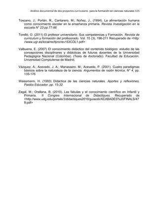 Análisis documental de dos proyectos curriculares para la formación en ciencias naturales 115
Toscano, J.; Porlán, R., Cantarero, M.; Núñez, J., (1994). La alimentación humana
como conocimiento escolar en la enseñanza primaria. Revista Investigación en la
escuela N° 23 pp.77-86
Torelló, O. (2011) El profesor universitario: Sus competencias y Formación. Revista de
curriculum y formación del profesorado. Vol. 15 (3), 196-211 Recuperado de <http:
//www.ugr.es/local/recfpro/rev153COL1.pdf>
Valbuena, E. (2007) El conocimiento didáctico del contenido biológico: estudio de las
concepciones disciplinares y didácticas de futuros docentes de la Universidad
Pedagógica Nacional (Colombia). (Tesis de doctorado). Facultad de Educación.
Universidad Complutense de Madrid.
Vázquez, A.; Acevedo, J. A.; Manassero, M.; Acevedo, P. (2001). Cuatro paradigmas
básicos sobre la naturaleza de la ciencia. Argumentos de razón técnica, N° 4, pp.
135-176
Weissmann, H. (1993) Didáctica de las ciencias naturales. Aportes y reflexiones,
Paidós Educador. pp. 15-32.
Zagal, M.; Orellana, B. (2010). Las fabulas y el conocimiento científico en Infantil y
Primaria. II Congres Internacional de Didactiques. Recuperado de
<http://www.udg.edu/portals/3/didactiques2010/guiacdii/ACABADES%20FINALS/47
9.pdf>
 