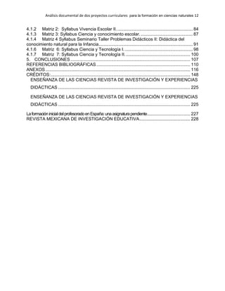Análisis documental de dos proyectos curriculares para la formación en ciencias naturales 12
4.1.2 Matriz 2: Syllabus Vivencia Escolar II.............................................................. 84
4.1.3 Matriz 3: Syllabus Ciencia y conocimiento escolar........................................... 87
4.1.4 Matriz 4 Syllabus Seminario Taller Problemas Didácticos II: Didáctica del
conocimiento natural para la Infancia............................................................................ 91
4.1.6 Matriz 6: Syllabus Ciencia y Tecnología I........................................................ 98
4.1.7 Matriz 7: Syllabus Ciencia y Tecnología II..................................................... 100
5. CONCLUSIONES................................................................................................. 107
REFERENCIAS BIBLIOGRÁFICAS............................................................................ 110
ANEXOS ..................................................................................................................... 116
CRÉDITOS:................................................................................................................. 148
ENSEÑANZA DE LAS CIENCIAS REVISTA DE INVESTIGACIÓN Y EXPERIENCIAS
DIDÁCTICAS ........................................................................................................... 225
ENSEÑANZA DE LAS CIENCIAS REVISTA DE INVESTIGACIÓN Y EXPERIENCIAS
DIDÁCTICAS ........................................................................................................... 225
LaformacióninicialdelprofesoradoenEspaña:unaasignaturapendiente................................... 227
REVISTA MEXICANA DE INVESTIGACIÓN EDUCATIVA......................................... 228
 