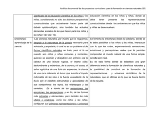 Análisis documental de dos proyectos curriculares para la formación en ciencias naturales 185
significado de la educación científica en los niños y las
niñas, considerando no sólo las distintas perspectivas
constructivistas que actualmente hacen parte del
debate epistemológico, sino también las actuales
demandas sociales de las que hacen parte los niños y
las niñas” (S4-UD. 13).
educación científica en los niños y niñas, donde se
debe tener presente las representaciones
constructivistas desde los ambientes en que los niños
y niñas se desenvuelven.
Enseñanza-
aprendizaje de la
ciencia
“Las ciencias naturales, por mucho que lo neguemos,
despoja a la naturaleza de la poesía necesaria para
admirarla y respetarla; lo cual no es un problema si de
formar científicos naturales se trata, pero sí lo es
cuando son niños y niñas comunes y corrientes,
quienes se asoman y descubren por primera vez la
calidez de una textura rugosa, el mismo color,
deslumbrante y misterioso, de la aurora y el ocaso, el
sabor agridulce de una fruta sin asperezas, la dureza
de una roca milenaria, el temor que suscita el ímpetu
indomable de las olas o la fuerza avasallante de la
lluvia con el estallido estruendoso y apocalíptico de
sus compañeros: los rayos, los relámpagos y las
centellas. Es a través de las sensaciones, las
emociones, las percepciones, y en fin, de las formas
más primarias y elementales, pero también las más
vitales y orgánicas, como los niños y las niñas,
configuran sus primeras representaciones y universos
Se fomenta la enseñanza desde lo cotidiano, donde se
le debe posibilitar a los niños y las niñas, interactuar
con lo que les rodea, experimentando sensaciones,
emociones y percepciones reales que le permitan
comprender el mundo natural de una forma simple,
sencilla pero real.
Es de esta forma donde se establece una gran
diferencia entre la formación de científicos naturales y
la posibilidad de contribuir en la formación de
representaciones y universos simbólicos de la
naturaleza, que en últimas es lo que se busca dentro
de la escuela.
 