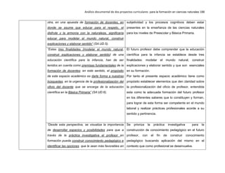 Análisis documental de dos proyectos curriculares para la formación en ciencias naturales 188
otra, en una apuesta de formación de docentes, en
donde se asume que educar para el respeto, el
disfrute y la armonía con la naturaleza, significaría
educar para modelar el mundo natural, construir
explicaciones y elaborar sentido” (S4.UD.5).
subjetividad y los procesos cognitivos deben estar
presentes en la enseñanza de las ciencias naturales
para los niveles de Preescolar y Básica Primaria.
“Estas tres finalidades {modelar el mundo natural,
construir explicaciones y elaborar sentido} de una
educación científica para la infancia, han de ser
tenidos en cuenta como premisas fundamentales de la
formación de docentes; en este sentido, el propósito
de este espacio académico es darle forma a nuestras
búsquedas, en la urgencia de la profesionalización del
oficio del docente que se encarga de la educación
científica en la Básica Primaria” (S4.UD.6).
El futuro profesor debe comprender que la educación
científica para la infancia se establece desde tres
finalidades: modelar el mundo natural, construir
explicaciones y elaborar sentido y que son esenciales
en su formación.
Por tanto el presente espacio académico tiene como
propósito establecer elementos que den claridad sobre
la profesionalización del oficio de profesor, entendida
esta como la adecuada formación del futuro profesor
en los diferentes saberes que lo constituyen y forman,
para lograr de esta forma ser competente en el mundo
laboral y realizar prácticas profesionales acorde a su
sentido y pertinencia.
“Desde esta perspectiva, se visualiza la importancia
de desarrollar espacios y posibilidades para que a
través de la práctica investigativa el profesor en
formación pueda construir conocimiento pedagógico e
identificar las opciones que le sean más favorables en
Se prioriza la práctica investigativa para la
construcción de conocimiento pedagógico en el futuro
profesor, con el fin de construir conocimiento
pedagógico buscando aplicación del mismo en el
contexto que como profesional se desenvuelva.
 