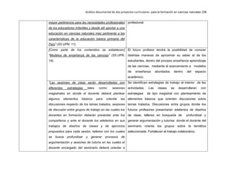 Análisis documental de dos proyectos curriculares para la formación en ciencias naturales 198
mayor pertinencia para las necesidades profesionales
de los educadores infantiles y desde allí aportar a una
educación en ciencias naturales más pertinente a las
características de la educación básica primaria del
País” (S5.UPN. 11).
profesional.
[Como parte de los contenidos se establecen]
“Modelos de enseñanza de las ciencias” (S5.UPN.
14).
El futuro profesor tendrá la posibilidad de conocer
distintas maneras de aproximar su saber al de los
estudiantes, dentro del proceso enseñanza aprendizaje
de las ciencias, mediante el acercamiento a modelos
de enseñanza abordados dentro del espacio
académico.
“Las sesiones de clase serán desarrolladas con
diferentes estrategias tales como: sesiones
magistrales en donde el docente deberá plantear
algunos elementos básicos para orientar las
discusiones respecto de los temas tratados, sesiones
de discusión entre grupos de trabajo en las cuales los
docentes en formación deberán presentar ante los
compañeros y ante el docente los adelantos en sus
trabajos de diseños de clases y de ejercicios
propuestos para cada sesión, talleres con los cuales
se busca profundizar y generar procesos de
argumentación y sesiones de tutoría en las cuales el
docente encargado del seminario deberá orientar a
Se identifican estrategias de trabajo al interior de las
actividades. Las clases se desarrollaran con
estrategias de tipo magistral con planteamiento de
elementos básicos que orienten discusiones sobre
temas tratados. Discusiones entre grupos donde los
futuros profesores presentarán adelantos de diseños
de clase, talleres en búsqueda de profundizar y
generar argumentación y tutorías donde el docente del
seminario orienta los grupos sobre la temática
seleccionada. Fortalecen el trabajo colaborativo.
 