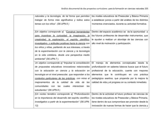 Análisis documental de dos proyectos curriculares para la formación en ciencias naturales 205
naturales y la tecnología, de tal forma que permitan
trabajar de forma más significativa y lúdica estos
temas con los niños”. (S6.UPN.6 )
los niveles educativos de Preescolar y Básica Primaria
a establecer juicios a partir del análisis de los distintos
momentos vivenciados, durante su actividad formativa.
[Un objetivo corresponde a] “Construir herramientas
para incentivar la curiosidad, la imaginación, la
creatividad, la exploración, el espíritu científico-
investigativo, y actitudes positivas hacia la ciencia con
los niños y niñas, partiendo de sus intereses, a través
de la experimentación con la ciencia y la tecnología
en la vida cotidiana, desde una perspectiva medio
ambiental” (S6.UPN.7 ).
Dentro del espacio académico se da la oportunidad a
los futuros profesores de desarrollar instrumentos, que
le ayuden a realizar un abordaje de las ciencias con
alto nivel de motivación y participación.
Un objetivo corresponde a] “Impulsar la consolidación
de propuestas educativas innovadoras relacionadas
con la educación en ciencia y la educación en
tecnología en el nivel preescolar, que respondan a los
contextos particulares de las prácticas, con miras al
mejoramientos de la calidad de vida de las
comunidades con las cuales interactúan las
estudiantes” (S6.UPN.8 ).
El manejo de elementos conceptuales desde la
profundización en saberes básicos busca que el futuro
profesional de la educación, cuente con mayores
elementos que le contribuyan en una práctica
pedagógica asertiva, que propenda por la mejora la
calidad de vida y el progreso en su contexto inmediato.
[Un núcleo temático corresponde a] “Profundización
en la importancia del desarrollo del espíritu científico-
investigativo a partir de la experimentación” (S6.UPN.
12)
Dentro de la actividad el futuro profesor de ciencias de
los niveles educativos de Preescolar y Básica Primaria,
tiene dentro de sus compromisos ser promotor desde la
innovación de nuevas formas de hacer que la ciencia y
 