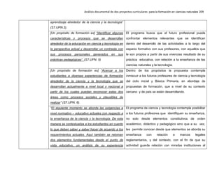 Análisis documental de dos proyectos curriculares para la formación en ciencias naturales 209
aprendizaje alrededor de la ciencia y la tecnología”
(S7.UPN.3).
[Un propósito de formación es] “Identificar algunas
características y procesos que se desarrollan
alrededor de la educación en ciencia y tecnología en
la perspectiva actual y desarrollar un contraste con
sus procesos personales generados en sus
prácticas pedagógicas” (S7.UPN. 5)
El programa busca que el futuro profesional pueda
confrontar elementos relevantes que se identifican
dentro del desarrollo de las actividades a lo largo del
espacio formativo con sus profesores, con aquellos que
le son propios a partir de sus vivencias resultado de su
práctica educativa, con relación a la enseñanza de las
ciencias naturales y la tecnología.
[Un propósito de formación es] “Acercar a los
estudiantes a diversas experiencias de formación
alrededor de la ciencia y la tecnología que se
desarrollan actualmente a nivel local y nacional a
partir de los cuales puedan reconocer estas dos
áreas como procesos sociales y plausibles de
realizar” (S7.UPN. 6).
Dentro de los propósitos la propuesta contempla
inmiscuir a los futuros profesores de ciencia y tecnología
del ciclo inicial y Básica Primaria, en abordaje de
propuestas de formación, que a nivel de su contexto
cercano y de país se están desarrollando.
“El siguiente momento se aborda las exigencias a
nivel normativo – educativo actuales con respecto a
la enseñanza de la ciencia y la tecnología. De esta
manera se contextualiza a los estudiantes en cuento
lo que deben saber y saber hacer de acuerdo a los
requerimientos actuales. Aquí también se retoman
dos elementos fundamentales desde el punto de
vista educativo, un análisis de su experiencia
El programa de ciencia y tecnología contempla posibilitar
a los futuros profesores que identifiquen su enseñanza,
no solo desde elementos constitutivos de orden
académico, didáctico y pedagógico sino que a su vez,
les permite conocer desde que elementos se aborda su
enseñanza con relación a marcos legales
reglamentarios, y del contexto, con el fin de que su
actividad guarde relación con miradas instituciones al
 