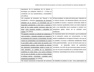 Análisis documental de dos proyectos curriculares para la formación en ciencias naturales 214
importancia de la enseñanza de la ciencia y
tecnología con población infantil (0 – 8 años) en
correlación con sus características y necesidades”
(S7.UPN.2).
[Un propósito de formación es] “Acercar a los
estudiantes a diversas experiencias de formación
alrededor de la ciencia y la tecnología que se
desarrollan actualmente a nivel local y nacional a
partir de los cuales puedan reconocer estas dos
áreas como procesos sociales y plausibles de
realizar” (S7.UPN.6).
Al futuro profesor, no solo se le forma para intervenir en
un entorno cercano, con elementos básicos, sino que se
le posibilita el acceso a espacios construidos desde lo
local y nacional, ayudándolo a tener una visión amplia de
país y sus desarrollos que le ayudaran a construir con
perspectiva global, dentro de su actividad como
profesional.
“El siguiente momento se aborda las exigencias a
nivel normativo – educativo actuales con respecto a
la enseñanza de la ciencia y la tecnología. De esta
manera se contextualiza a los estudiantes en cuento
lo que deben saber y saber hacer de acuerdo a los
requerimientos actuales. Aquí también se retoman
dos elementos fundamentales desde el punto de
vista educativo, un análisis de su experiencia
académica en estas áreas y los nuevos enfoques
con los que se abordan, es decir se desea trabajar
el enfoque ciencia – tecnología – sociedad, como
perspectiva actualizada” (S7.UPN.8).
Es importante dentro de la formación, que el profesional
de la educación cuente con conocimientos, no solo
desde lo establecido en el espacio formativo, sino que se
le posibilita, el acceso a referentes establecidos desde
entes gubernamentales, que son el insumo para que su
actividad se desarrolle, dentro de parámetros
normativos, con el fin de que reconozca bases comunes,
que son el punto de partida de su actividad dentro de la
enseñanza aprendizaje de la ciencia y la tecnología.
“De manera transversal al desarrollo del seminario Se identifica la práctica no solo como potenciadora de
 