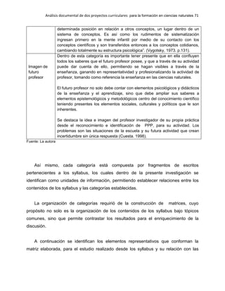 Análisis documental de dos proyectos curriculares para la formación en ciencias naturales 71
determinada posición en relación a otros conceptos, un lugar dentro de un
sistema de conceptos. Es así como los rudimentos de sistematización
ingresan primero en la mente infantil por medio de su contacto con los
conceptos científicos y son transferidos entonces a los conceptos cotidianos,
cambiando totalmente su estructura psicológica”. (Vygotsky, 1973. p.131).
Imagen de
futuro
profesor
Dentro de esta categoría es importante tener presente que en ella confluyen
todos los saberes que el futuro profesor posee, y que a través de su actividad
puede dar cuenta de ello, permitiendo se hagan visibles a través de la
enseñanza, ganando en representatividad y profesionalizando la actividad de
profesor, tomando como referencia la enseñanza en las ciencias naturales.
El futuro profesor no solo debe contar con elementos psicológicos y didácticos
de la enseñanza y el aprendizaje, sino que debe ampliar sus saberes a
elementos epistemológicos y metodológicos centro del conocimiento científico
teniendo presentes los elementos sociales, culturales y políticos que le son
inherentes.
Se destaca la idea e imagen del profesor investigador de su propia práctica
desde el reconocimiento e identificación de PPP, para su actividad. Los
problemas son las situaciones de la escuela y su futura actividad que crean
incertidumbre sin única respuesta (Cuesta. 1998).
Fuente: La autora
Así mismo, cada categoría está compuesta por fragmentos de escritos
pertenecientes a los syllabus, los cuales dentro de la presente investigación se
identifican como unidades de información, permitiendo establecer relaciones entre los
contenidos de los syllabus y las categorías establecidas.
La organización de categorías requirió de la construcción de matrices, cuyo
propósito no solo es la organización de los contenidos de los syllabus bajo tópicos
comunes, sino que permite contrastar los resultados para el enriquecimiento de la
discusión.
A continuación se identifican los elementos representativos que conforman la
matriz elaborada, para el estudio realizado desde los syllabus y su relación con las
 