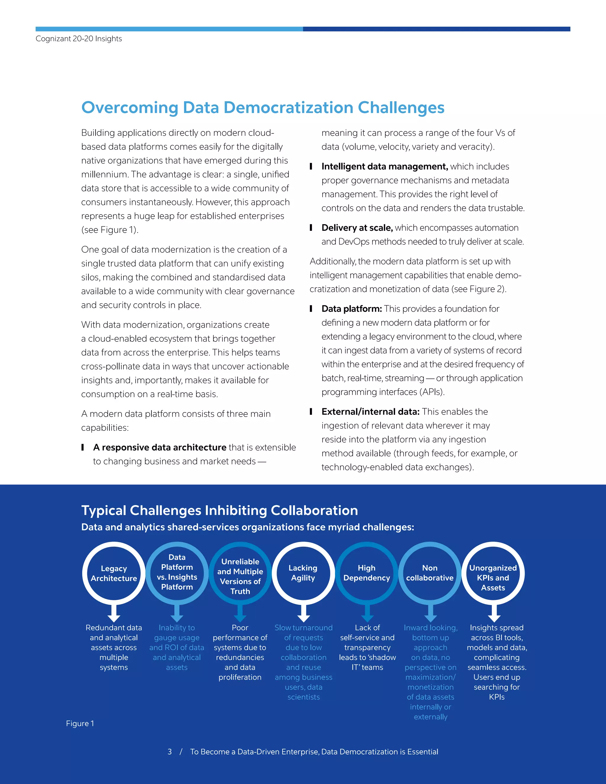 Typical Challenges Inhibiting Collaboration
Data and analytics shared-services organizations face myriad challenges:
Legacy
Architecture
Data
Platform
vs. Insights
Platform
Unreliable
and Multiple
Versions of
Truth
Lacking
Agility
High
Dependency
Non
collaborative
Unorganized
KPIs and
Assets
Redundant data
and analytical
assets across
multiple
systems
Inability to
gauge usage
and ROI of data
and analytical
assets
Lack of
self-service and
transparency
leads to ‘shadow
IT’ teams
Poor
performance of
systems due to
redundancies
and data
proliferation
Inward looking,
bottom up
approach
on data, no
perspective on
maximization/
monetization
of data assets
internally or
externally
Slow turnaround
of requests
due to low
collaboration
and reuse
among business
users, data
scientists
Insights spread
across BI tools,
models and data,
complicating
seamless access.
Users end up
searching for
KPIs
Cognizant 20-20 Insights
3 / To Become a Data-Driven Enterprise, Data Democratization is Essential
Overcoming Data Democratization Challenges
Building applications directly on modern cloud-
based data platforms comes easily for the digitally
native organizations that have emerged during this
millennium. The advantage is clear: a single, unified
data store that is accessible to a wide community of
consumers instantaneously. However, this approach
represents a huge leap for established enterprises
(see Figure 1).
One goal of data modernization is the creation of a
single trusted data platform that can unify existing
silos, making the combined and standardised data
available to a wide community with clear governance
and security controls in place.
With data modernization, organizations create
a cloud-enabled ecosystem that brings together
data from across the enterprise. This helps teams
cross-pollinate data in ways that uncover actionable
insights and, importantly, makes it available for
consumption on a real-time basis.
A modern data platform consists of three main
capabilities:
	❙ A responsive data architecture that is extensible
to changing business and market needs —
meaning it can process a range of the four Vs of
data (volume, velocity, variety and veracity).
	❙ Intelligent data management, which includes
proper governance mechanisms and metadata
management.This provides the right level of
controls on the data and renders the data trustable.
	❙ Delivery at scale, which encompasses automation
and DevOps methods needed to truly deliver at scale.
Additionally,the modern data platform is set up with
intelligent management capabilities that enable demo-
cratization and monetization of data (see Figure 2).
	❙ Data platform: This provides a foundation for
defining a new modern data platform or for
extending a legacy environment to the cloud,where
it can ingest data from a variety of systems of record
within the enterprise and at the desired frequency of
batch,real-time,streaming—or through application
programming interfaces (APIs).
	❙ External/internal data: This enables the
ingestion of relevant data wherever it may
reside into the platform via any ingestion
method available (through feeds, for example, or
technology-enabled data exchanges).
Figure 1
 