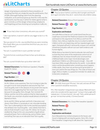 danger of growing accustomed to these prejudices, of
assuming that they are simply the way the world works. Part
of Dill's distraught feelings stem from the dawning
realization, as he and Scout grow up, that this is the way the
world works: but the way in which he rebels against what is
given reminds us of the danger of becoming complacent,
and forgetting just how shocking such prejudices really are.
"If you had a clear conscience, why were you scared?"
"Like I says before, it weren't safe for any nigger to be in a—fix
like that."
"But you weren't in a fix—you testified that you were resisting
Miss Ewell. Were you so scared that she'd hurt you, you ran, a
big buck like you?"
"No suh, I's scared I'd be in court, just like I am now."
"Scared of arrest, scared you'd have to face up to what you
did?"
"No suh, scared I'd hafta face up to what I didn't do."
Related Characters: Tom Robinson (speaker), Mayella
Ewell, Mr. Gilmer
Related Themes:
Page Number: 265
Explanation and Analysis
As Mr. Gilmer cross-examines Tom, he is trying to make the
jury give in to its racist prejudices and assume that Tom
must be guilty, even in the absence of any proof. One way he
does this is by suggesting that Tom must have run away
because he was guilty. Here, though, Tom reminds Mr.
Gilmer and the rest of the audience that for black people in
the South, any uncertain situation would almost certainly be
blamed on them.
As he and Mr. Gilmer go back and forth, it becomes ever
clearer that Gilmer is, purposely or not, misunderstanding
Tom. Tom is attempting to refer to the societal assumption
that all black men must be guilty – and, indeed, that that is
why he finds himself in court now. Mr. Gilmer, for his part,
stubbornly clings to this very assumption of guilt whose
prejudiced bases Tom is referencing, and so Gilmer takes
everything Tom says as an indication that Tom is guilty.
Chapter 22 Quotes
They've done it before and they did it tonight and they'll
do it again and when they do it—seems that only children weep.
Related Characters: Atticus Finch (speaker)
Related Themes:
Page Number: 285
Explanation and Analysis
Jem tells Atticus that he can't understand how the jury
could have convicted Tom Robinson based on the evidence
and based on the arguments from Atticus and from Mr.
Gilmer. Here, Atticus implicitly returns to what he told his
children at the very beginning, and has repeated again and
again: that good will won't necessarily conquer evil, and that
sometimes prejudice will win out over both evidence and
human dignity.
While Atticus has done his best to educate Jem and Scout
so that they lose some of the weaknesses and errors of
childhood, here he shows himself to be convinced that
childhood holds some major moral advantages over
adulthood. Children are still innocent enough – they still
have been little enough affected by the world – to be able to
notice and be devastated when something unjust happens.
Unlike adults, they have not yet learned to grow bitter or
even just used to the way things are. This state of shock and
anger, Atticus implies, is a powerful reminder for adults not
to become complacent.
Chapter 24 Quotes
"Oh child, those poor Mrunas," she said, and was off. Few
other questions would be necessary.
Mrs. Merriweather's large brown eyes always filled with tears
when she considered the oppressed. "Living in that jungle with
nobody but J. Grimes Everett," she said. "Not a white person'll
go near 'em but that saintly J. Grimes Everett."
Related Characters: Mrs. Grace Merriweather (speaker)
Related Themes:
Page Number: 308
Explanation and Analysis
Aunt Alexandra has invited company to the house, and
Scout is helping with serving the guests. Here, Mrs. Grace
Merriweather is beginning to talk about the "oppressed"
Get hundreds more LitCharts at www.litcharts.com
©2017 LitCharts LLC v.006 www.LitCharts.com Page 11
 