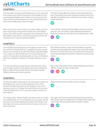 CHAPTER 4
One day, while running past the Radley house on her way home
from school, Scout notices some gum in the knothole of a tree
overhanging the Radley's fence. And on the last day of school,
Scout and Jem find two old pennies in the same knothole. Jem
stares at the Radley place, deep in thought.
The three-year age difference makes Jem more perceptive than
Scout. Scout doesn't know who's leaving the presents, while Jem's
long look at the Radley House indicates he senses Boo is trying to
connect with them.
Dill arrives for the summer. After an accident rolling a tire that
leaves Scout lying on the pavement right next to the Radley's
house, Jem comes up with a new game: they're going to act out
Boo Radley's story. Atticus catches them playing. Jem lies and
says they weren't impersonating the Radley's.
In the children's' blissful world, Boo Radley continues to be their
obsession. Jem's lie to Atticus shows that though he thinks of
himself as an adult, he is still selfish and irresponsible like a child.
CHAPTER 5
Jem and Dill start excluding Scout, who begins to spend more
time with Miss Maudie Atkinson, a neighbor who grew up with
Atticus. One evening, Scout asks Miss Maudie why Boo Radley
never comes out. Miss Maudie says it's because Boo doesn't
want to. She says Boo was always polite as a boy, and that Boo's
father was a Baptist so religious he thought all pleasure was a
sin.
Miss Maudie, like Atticus, helps teach the children to question
prejudice and treat people with respect. Here she provides details
that start to transform Boo from a one-dimensional monster to a
human being damaged by his father's intolerance and lack of love
and joy.
The next day, Dill and Jem get Scout to help them try to slip a
note through a window of the Radley house with a fishing rod.
Atticus catches them and tells them to stop bothering Boo
Radley just because he seems peculiar.
Atticus warns the children not to mistreat people because they're
different. Instead, he implies, respect them.
CHAPTER 6
On Dill's last night in Maycomb, he and Jem decide to peek into
the Radley house. Scout, terrified, tags along. They sneak
behind the Radley house, but see the shape of a man on the
back porch and run. A shotgun fires behind them. As they duck
under the Radley fence, Jem's pants get caught. He leaves his
pants behind.
Despite all these lessons, the kids continue to be kids.
The shotgun blast—Nathan Radley had shot into the air—wakes
the neighborhood. Jem's missing pants cause suspicion, but the
kids says Jem lost them playing strip poker with matches. Late
that night, Jem sneaks out and retrieves his pants, and returns
home unharmed.
Once again, the kids lie to protect themselves from punishment.
Note, though, that even though their lie is feeble, Atticus takes them
at their word. Atticus practices what he preaches: respect.
Get hundreds more LitCharts at www.litcharts.com
©2017 LitCharts LLC www.LitCharts.com Page 16
 