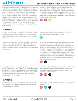 As punishment, Atticus makes Jem go and read to Mrs. Dubose
each afternoon. Scout goes with him. At first, each reading
session is cut short by Mrs. Dubose's strange fits, but over the
month the sessions get longer and the fits slowly disappear.
Soon after the reading sessions end, Mrs. Dubose dies. She
leaves Jem a single white camellia flower. Jem is horrified, but
Atticus explains that Mrs. Dubose was addicted to morphine
and the reading sessions helped her kick the habit before she
died. Even though Mrs. Dubose ridiculed Atticus for defending
Tom Robinson, he calls her the most courageous person he
ever knew, a person who knew she was beaten and still fought
no matter what.
Mrs. Dubose and her battle with her morphine addiction allow
Atticus to teach Jem and Scout a lesson about both courage and
human dignity. Yes, Atticus admits, Mrs. Dubose is prejudiced. But
she is also courageous; fighting a battle against morphine she knows
is both right and probably a lost cause. Atticus wants his kids to
realize that courage isn't strength or skill with a gun, it's standing up
for what's right no matter what.
CHAPTER 12
Summer finally comes, but Scout is crushed when Dill doesn't
arrive because his mother got remarried. To makes matters
worse, Atticus has to leave for two weeks to serve in the state
legislature.
By keeping Dill, a symbol of childhood innocence, away from
Maycomb, Lee signals that innocence is ending.
Calpurnia, who's in charge when Atticus is away, invites Scout
and Jem to attend her church that Sunday. The all-black
congregation gladly welcomes the Finch kids, except for one
woman Lula, who gets angry that Calpurnia brought white kids
to their church.
Lee presents Lula's anger at Calpurnia and the children as wholly
wrong—as just another form of prejudice. This stance that
"prejudice is bad and wrong no matter what" is an attractive and
simple one, but in the context of American society (particularly in
the South) it can be overly simplistic. Given the treatment of blacks
in Maycomb, Lula has good reason to be mistrustful of whites, and
to be angry that white people have entered a place of black safety
and solidarity. Since one side (the white side) has all the power, the
argument that "everyone should just get along" also functions as an
argument to maintain the status quo—that which keeps whites
powerful and blacks powerless.
During the service, the congregation gathers money to support
Helen, Tom Robinson's wife. Scout realizes Tom Robinson is the
man Atticus is defending, and asks what he did. Calpurnia tells
her: Tom has been accused by Bob Ewell of raping his daughter.
Scout doesn't know what "rape" means, but can't believe
anyone would trust the Ewells.
As a child and Atticus's daughter, Scout's view of the world hasn't
been warped by racism. Her shock that anyone could trust the
Ewells indicts the white people who trust Bob Ewell over Tom
simply because Ewell is white.
CHAPTER 13
Scout, Jem, and Calpurnia return from church to discover that
Aunt Alexandra has moved into the Finch's house to provide
"feminine influence" for Scout.
Alexandra has decided Scout is not enough of a girl, a kind of gender
prejudice.
Get hundreds more LitCharts at www.litcharts.com
©2017 LitCharts LLC www.LitCharts.com Page 19
 