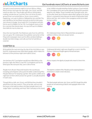 Jem gets scared someone might try to hurt Atticus. When
Atticus drives into town the next night, Jem, Scout, and Dill
sneak out after him. They finally spot Atticus sitting alone,
reading, outside the jail. Just then, four cars drive up and a
group of men surrounds Atticus. Scout, unsure what's
happening, runs over to Atticus, followed by Jem and Dill. The
men tell Atticus he has fifteen seconds to send his kids away.
Jem refuses to budge. Scout spots Mr. Cunningham and asks
him to say hi to Walter for her. Mr. Cunningham stares at her
for a second, then bends down. He says he'll say hi to Walter,
then tells the men to clear out.
In her childish misunderstanding of what's going on, Scout reminds
Mr. Cunningham of his own human dignity by asking him questions
about his son, Walter. To put it another way, Scout gets lucky. Jem,
on the other hand, has no illusions about what's going on: he refuses
Atticus's command to leave because he wants to help protect both
Atticus and Tom. Jem's action is the courageous action of an adult
facing a conflict.
Once the men have left, Tom Robinson asks from his cell if the
men are gone. Mr. Underwood, the publisher and writer of the
Maycomb newspaper, leans out his office window holding a
double-barreled shotgun and calls out that he had Atticus
covered.
Mr. Underwood shows that in Maycomb there are people in
addition to Atticus who can see past racism.
CHAPTER 16
At breakfast the next morning, the day of the trial, Atticus says
that Mr. Underwood never liked black people, which makes his
behavior of the previous night seem odd to Scout.
Underwood did what's right even though he's a racist. Like Mrs.
Dubose, Underwood fought against himself and won.
Jem declares Mr Cunningham would have killed Atticus the
previous night. But Atticus says Mr. Cunningham just has his
blind spots like everyone else, and is still a friend.
Atticus respects the dignity of people who meant to harm him.
People from all over Maycomb head for the courthouse,
including some Baptists who quote the bible condemning Miss
Maudie Atkinson for keeping a garden. She quotes a bible verse
right back at them which proves her garden is actually beautiful
in God's eyes.
The baptists condemn Miss Maudie just for enjoying flowers!
Intolerance is made to look ridiculous.
Though Atticus tells Jem, Scout, and Dill that they shouldn't
attend the trial, they sneak in. They arrive late, and can only
find seats in the balcony where the black people have to sit.
Judge Taylor is presiding, and Heck Tate is already on the stand.
The black people welcome Jem, Scout, and Dill, though the white
people are not welcoming of blacks and segregate them in the
balcony.
Get hundreds more LitCharts at www.litcharts.com
©2017 LitCharts LLC www.LitCharts.com Page 21
 