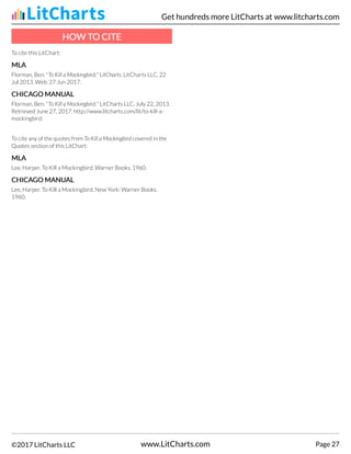 To cite this LitChart:
MLA
MLA
Florman, Ben. "To Kill a Mockingbird." LitCharts. LitCharts LLC, 22
Jul 2013. Web. 27 Jun 2017.
CHICA
CHICAGO MANU
GO MANUAL
AL
Florman, Ben. "To Kill a Mockingbird." LitCharts LLC, July 22, 2013.
Retrieved June 27, 2017. http://www.litcharts.com/lit/to-kill-a-
mockingbird.
To cite any of the quotes from To Kill a Mockingbird covered in the
Quotes section of this LitChart:
MLA
MLA
Lee, Harper. To Kill a Mockingbird. Warner Books. 1960.
CHICA
CHICAGO MANU
GO MANUAL
AL
Lee, Harper. To Kill a Mockingbird. New York: Warner Books.
1960.
HOW T
HOW TO CITE
O CITE
Get hundreds more LitCharts at www.litcharts.com
©2017 LitCharts LLC www.LitCharts.com Page 27
 