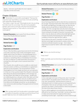 dignity – and more specifically, this man's dignity –
regardless of the end result.
Chapter 10 Quotes
"Remember it's a sin to kill a mockingbird." That was the
only time I ever heard Atticus say it was a sin to do something,
and I asked Miss Maudie about it.
"Your father's right," she said. "Mockingbirds don't do one thing
but make music for us to enjoy. They don't eat up people's
gardens, don't nest in corncribs, they don't do one thing but
sing their hearts out for us. That's why it's a sin to kill a
mockingbird."
Related Characters: Jean Louise Finch (Scout), Atticus
Finch, Miss Maudie Atkinson (speaker)
Related Themes:
Related Symbols:
Page Number: 119
Explanation and Analysis
The air rifles that Atticus gives Scout and Jem for Christmas
come with a warning: never to kill a mockingbird. Scout
rightly notices how rare Atticus's strong language here is.
Usually, when she tries to make a judgment or condemn
someone or something, Atticus immediately tries to draw
her back, to help her to understand where the person is
coming from, and to gain a more nuanced view of the
situation.
Miss Maudie, who usually has just as subtle an understand
of human actions as Atticus, is nonetheless is in agreement
with him on this exception. The moral world of To Kill a
Mockingbird is far from simple, but there are rare elements
in it that are, in fact, purely simple. Miss Maudie is obviously
describing real, physical mockingbirds in this passage, but
her description also holds for human beings – people who
are endlessly generous, who give rather than take, such that
they deserve only appreciation and care. It will be Scout's
task to attempt to apply the lesson from Miss Maudie and
from Atticus to the people around her, as she develops a
more advanced understanding of how good and evil interact
in the world.
After my bout with Cecil Jacobs when I committed myself
to a policy of cowardice, word got around that Scout Finch
wouldn't fight any more, her daddy wouldn't let her.
Related Characters: Jean Louise Finch (Scout), Atticus
Finch (speaker), Cecil Jacobs
Related Themes:
Page Number: 119
Explanation and Analysis
Scout has long prided herself on what she has considered to
be courage: refusing to back down when others insult her or
her family, and fighting as strongly as she can. But she has
slowly come to accept Atticus's quite different view of
courage. For him, courage does not only mean striving for
something when you knows that failure is inevitable; it also
means having the strength of character to accept what
others may say about you without physically fighting back.
Instead, he teaches that keeping your head held high,
confident of what the right decision really is.
Scout still uses the word "cowardice" to refer to her
decision not to fight, but the word is mainly a relic of her
instinctive attitude towards courage – she is slowly
beginning to accept her father's alternative approach
instead.
"Atticus, you must be wrong...."
"How's that?"
"Well, most folks seem to think they're right and you're
wrong...."
Related Characters: Jean Louise Finch (Scout) (speaker),
Tom Robinson
Related Themes:
Page Number: 139
Explanation and Analysis
In the small, tight-knit town of Maycomb, what "most folks
seem to think" can quickly come to mean what is actually
true. Such "group think" and the pressure it puts on
individuals to join in it help to preserve and expand all sorts
of prejudice. Here we see such logic at work, as Scout
questions her father's choices based on what most people in
the town think about those choices.
Scout is still struggling to reconcile these two things: it's
difficult for her to see how "most folks" can be wrong, since
it makes sense that what the majority thinks about
something must be right – especially in a town small enough
Get hundreds more LitCharts at www.litcharts.com
©2017 LitCharts LLC v.006 www.LitCharts.com Page 7
 