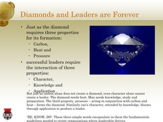 Diamonds and Leaders are Forever Just as the diamond requires three properties for its formation:  Carbon,  Heat and  Pressure successful leaders require the interaction of three properties: Character,  Knowledge and  Application But just as carbon alone does not create a diamond, even character alone cannot create a leader. The diamond needs heat. Man needs knowledge, study and preparation. The third property, pressure – acting in conjunction with carbon and heat – forms the diamond. Similarly one’s character, attended by knowledge, blooms through application to produce a leader. ‘ BE, KNOW, DO’. These three simple words encapsulate in them the fundamentals guidelines needed to create organizations where leadership thrives. 