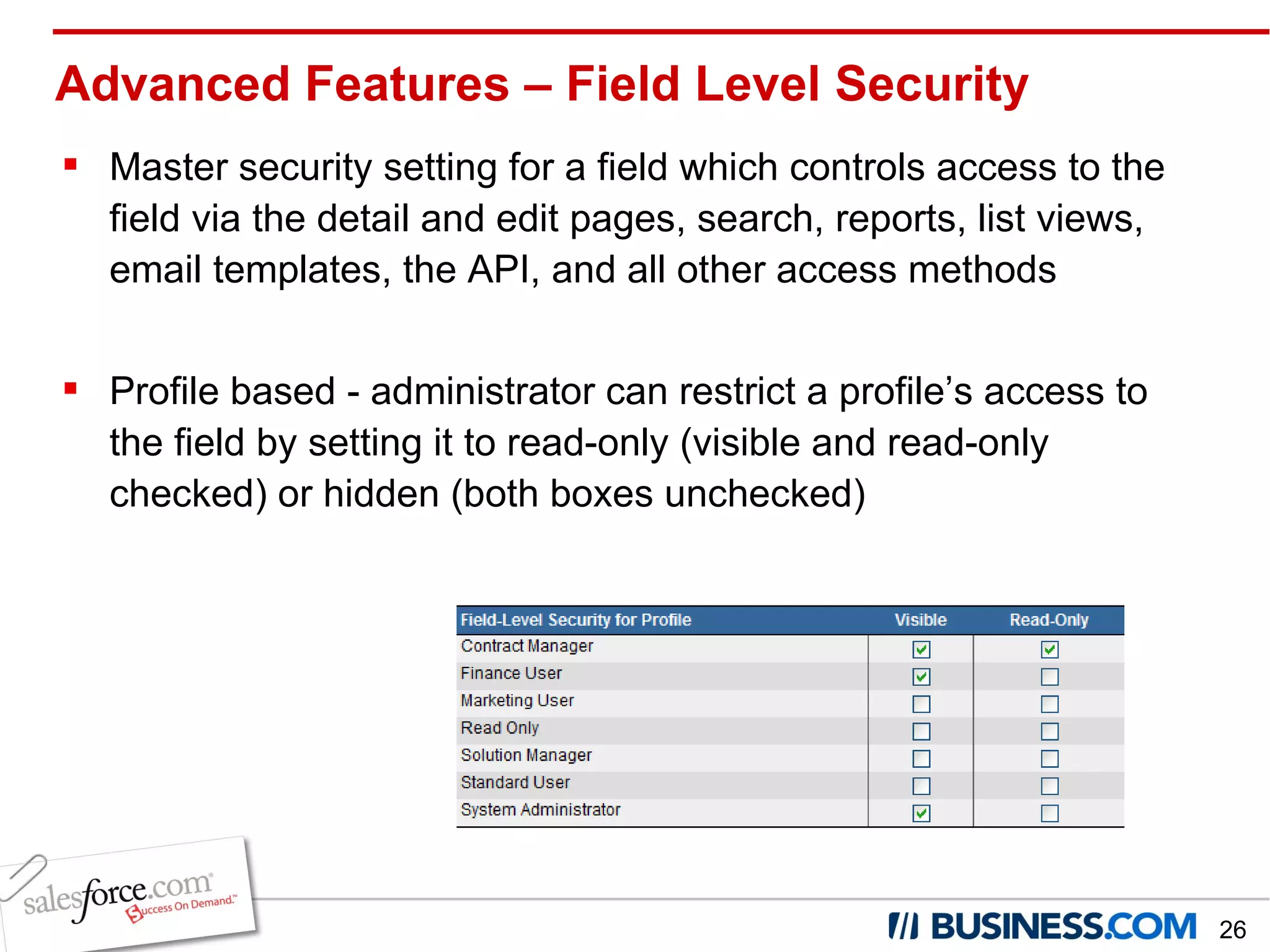Advanced Features – Field Level Security Master security setting for a field which controls access to the field via the detail and edit pages, search, reports, list views, email templates, the API, and all other access methods Profile based - administrator can restrict a profile’s access to the field by setting it to read-only (visible and read-only checked) or hidden (both boxes unchecked) 