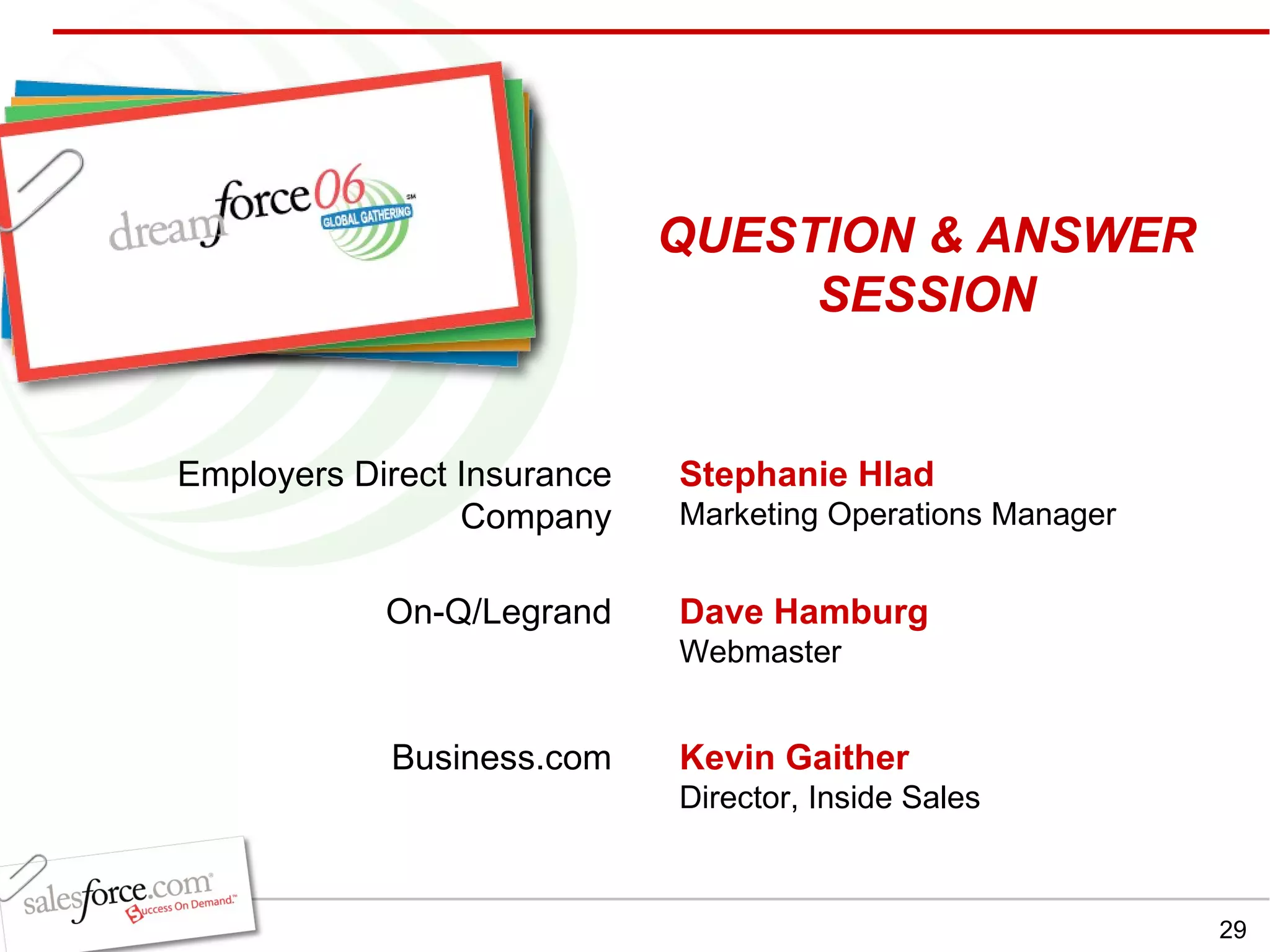 Stephanie Hlad Marketing Operations Manager Dave Hamburg Webmaster Kevin Gaither Director, Inside Sales QUESTION & ANSWER SESSION Employers Direct Insurance Company On-Q/Legrand Business.com 