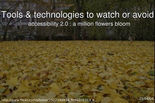 Tools  technologies to watch or avoid
              accessibility 2.0 : a million flowers bloom




http://www.flickr.com/photos/1922398858_f098806313_b        25/04/08
 