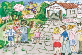 Σ      αν έφυγε, σηκώνεται ο Όλοι Μαζί και τους
                        λέει:
                          - Αγαπητοί µου συγχωριανοί, τώρα, που
        όλα τέλειωσαν καλά, εγώ θα φύγω για το δικό µου χωριό.
      Θέλω να ξέρετε πως δεν θα σας ξεχάσω ποτέ και θα φυλάω
     πάντα την αγάπη που µου δώσατε και το φιλί, που κρύβει ένα
     κοµµάτι από το «κάτι» σας.
     Τους αποχαιρέτησε και έφυγε.
      Την άλλη µέρα σαν κάτι να έλειπε από το χωριό.
             Μαζεύτηκαν το βράδυ στην πλατεία, όµως κανείς δεν
                είχε όρεξη ούτε για χορούς, ούτε για τραγούδια.
                      Τους έλειπε ο Όλοι Μαζί.
                        Εκεί που κάθονταν αµίλητοι και σκεπτικοί,
                       λέει ο πιο γέρος του χωριού:


50
 