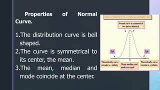 Properties of Normal
Curve.
1.The distribution curve is bell
shaped.
2.The curve is symmetrical to
its center, the mean.
3.The mean, median and
mode coincide at the center.
 