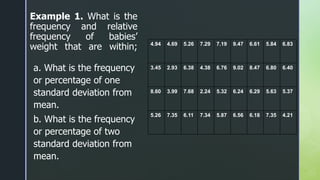 z
z
Example 1. What is the
frequency and relative
frequency of babies’
weight that are within;
a. What is the frequency
or percentage of one
standard deviation from
mean.
b. What is the frequency
or percentage of two
standard deviation from
mean.
4.94 4.69 5.26 7.29 7.19 9.47 6.61 5.84 6.83
3.45 2.93 6.38 4.38 6.76 9.02 8.47 6.80 6.40
8.60 3.99 7.68 2.24 5.32 6.24 6.29 5.63 5.37
5.26 7.35 6.11 7.34 5.87 6.56 6.18 7.35 4.21
 