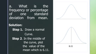 z
z
a. What is the
frequency or percentage
of one standard
deviation from mean.
Solution:
Step 1. Draw a normal
Curve.
Step 2. In the middle of
the curve, plot
the value of the
mean which is 6.11.
6.11
 